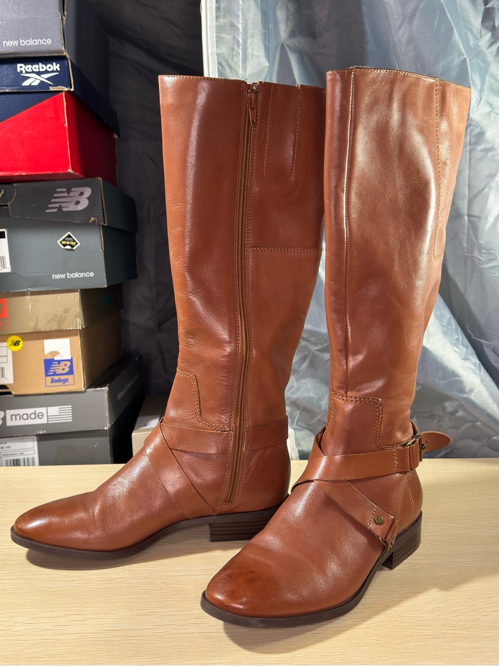 Nine West Blogger Tall Brown Leather Full Zip Flat Riding Boots